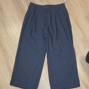 GAP Slate Blue Linen Wide-Leg Pleated Cotton-Blend Chinos